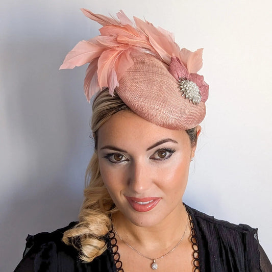 Blush pink feather pearl fascinator hat House of Hats