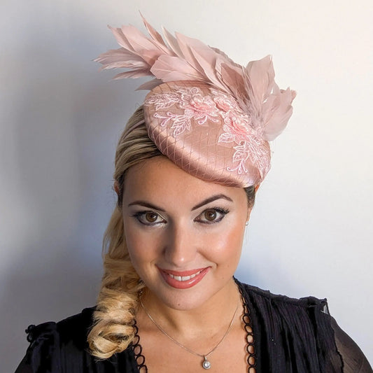 Blush pink feather lace satin fascinator hat House of Hats
