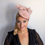 Blush pink feather lace satin fascinator hat Blush pink feather lace satin fascinator hat