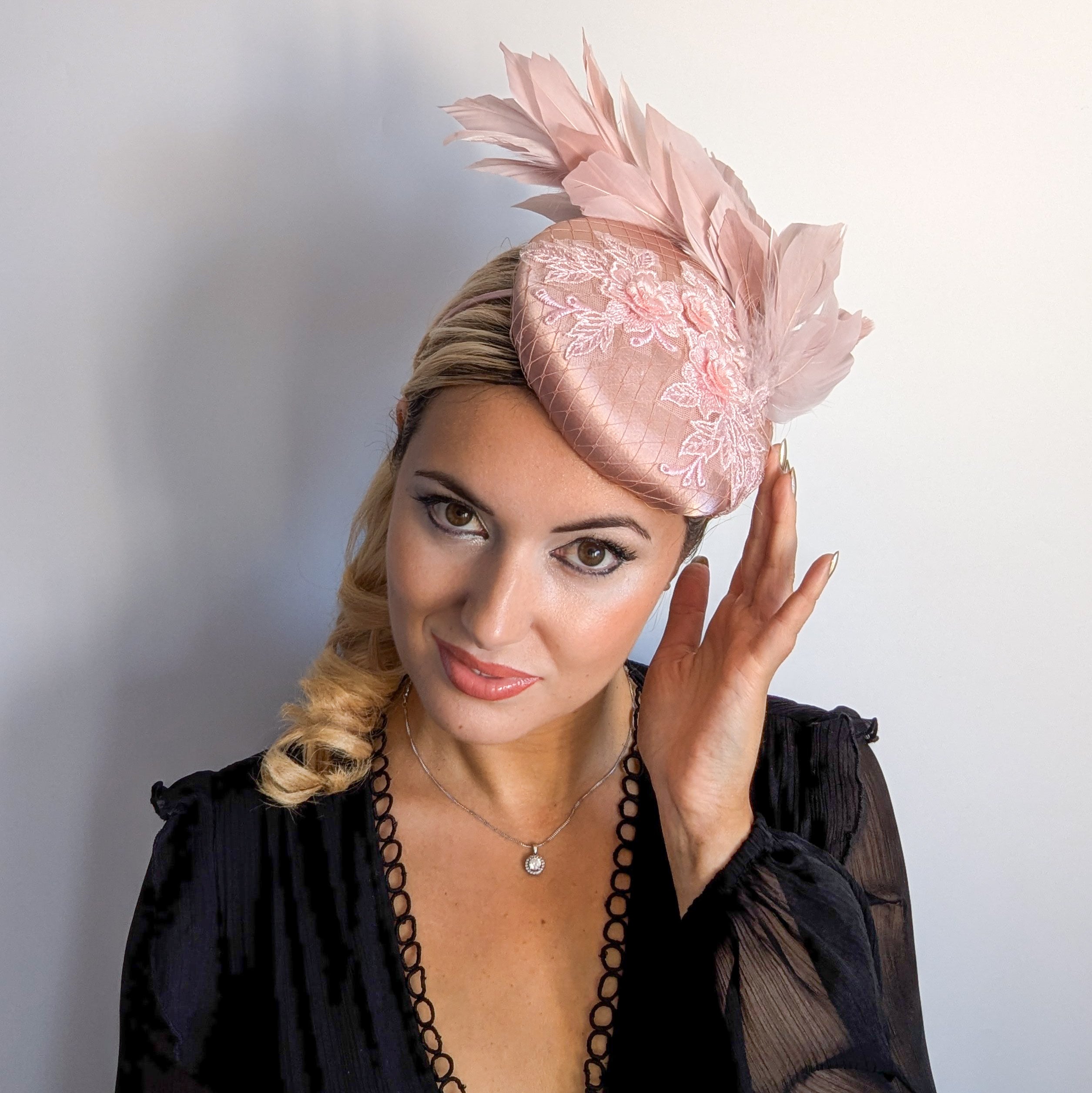 Blush pink feather lace satin fascinator hat Blush pink feather lace satin fascinator hat