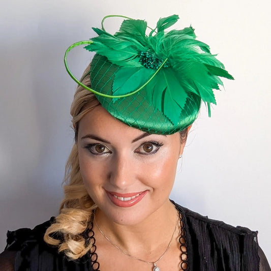 Shamrock green feather satin fascinator hat House of Hats