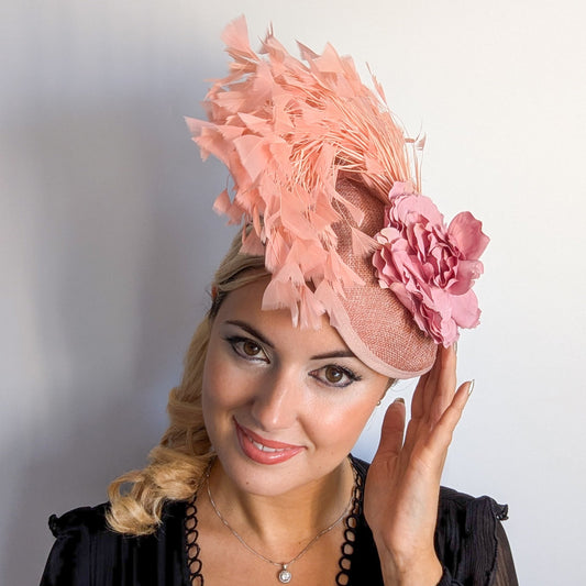 Blush pink flower feather disc saucer fascinator hat