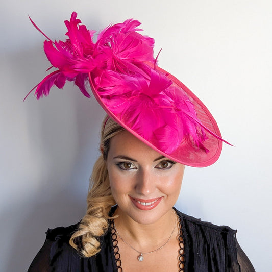 Fuchsia pink large feather saucer disc fascinator hat