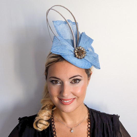 Light cornflower blue crystal bow fascinator hat