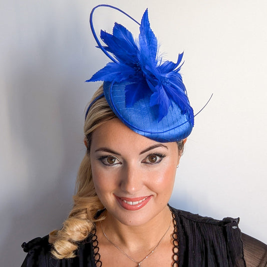 Royal cobalt blue feather satin fascinator hat