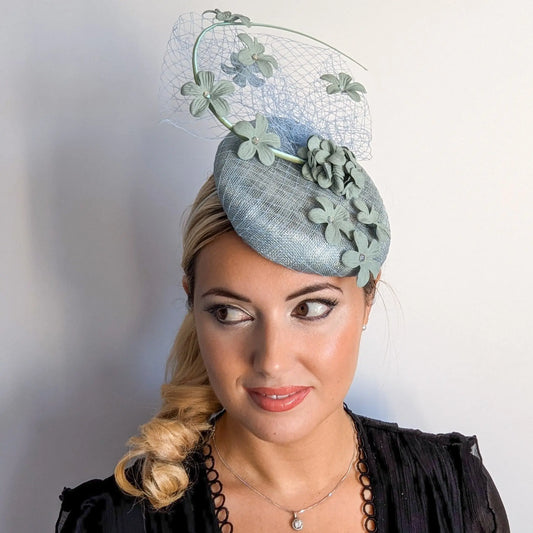 Aquamarine blue flower fascinator hat House of Hats