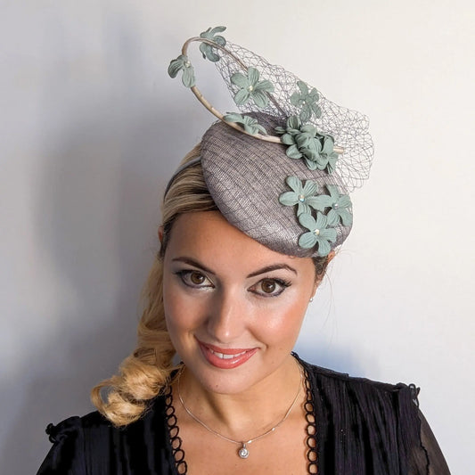 Aquamarine grey blue flower fascinator hat House of Hats