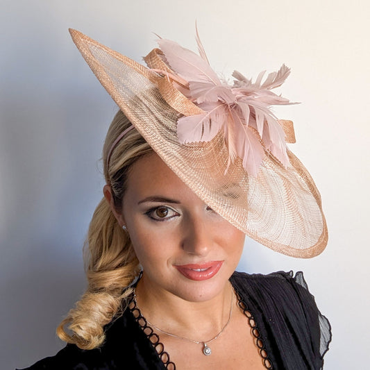 Blush pink feather large teardrop fascinator hat