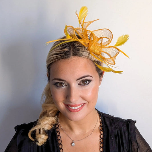 Mustard Yellow feather fascinator hat House of Hats