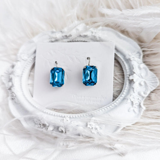 Aqua blue crystal silver emerald cut drop earrings - House of Hats