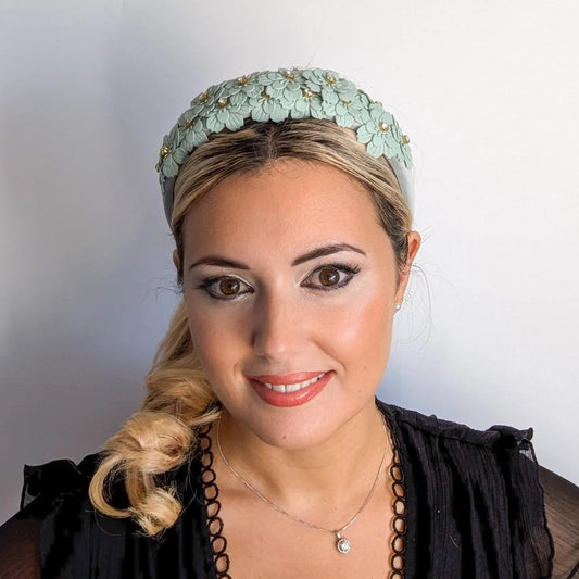 Aquamarine blue crystal flower headband fascinator - House of Hats