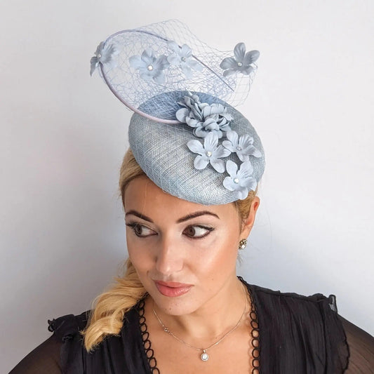 Aquamarine blue flower fascinator hat - House of Hats