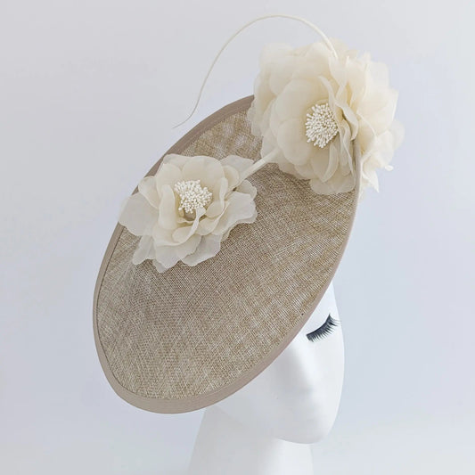 Beige large flower saucer disc fascinator hat - House of Hats