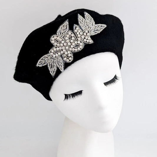 Black crystal wool felt french beret hat - House of Hats