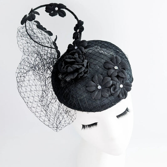 Black flower fascinator hat - House of Hats