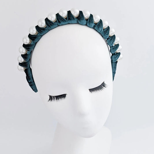 Bottle green large pearl ruched velvet headband fascinator - House of Hats