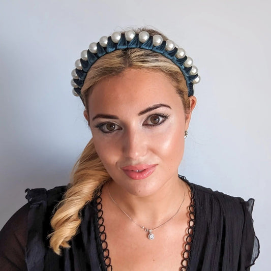 Bottle green large pearl ruched velvet headband fascinator - House of Hats