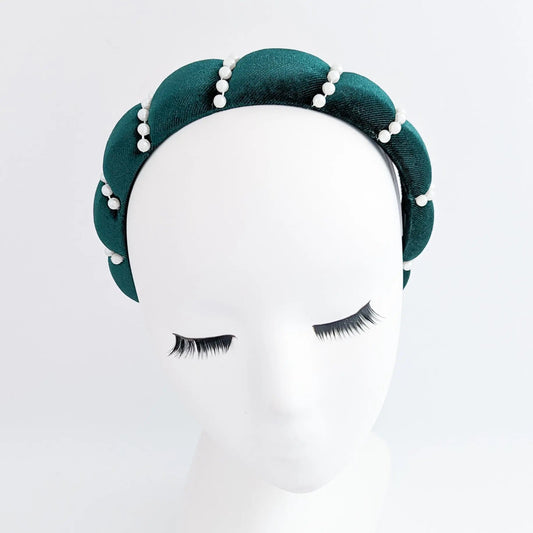 Bottle green pearl ruched padded velvet headband fascinator - House of Hats