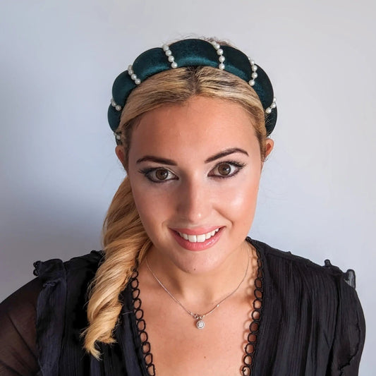 Bottle green pearl ruched padded velvet headband fascinator - House of Hats