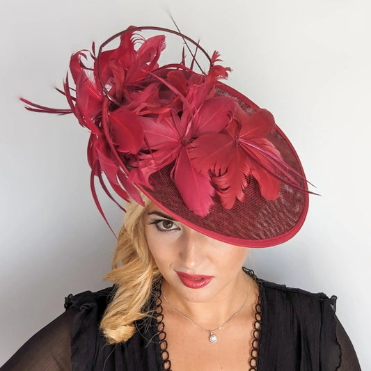 Burgundy feather large saucer disc fascinator hat - House of Hats