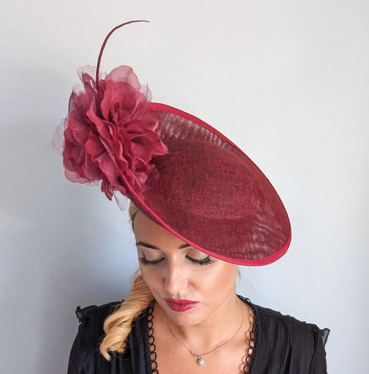 Burgundy large flower saucer disc fascinator hat - House of Hats