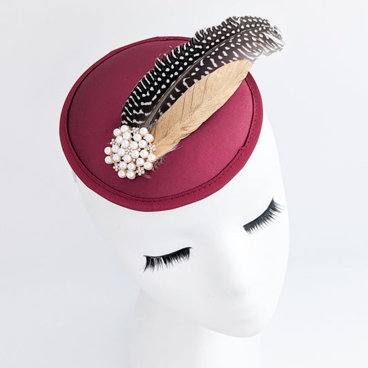Burgundy red pheasant feather small satin fascinator wedding hats uk - House of Hats
