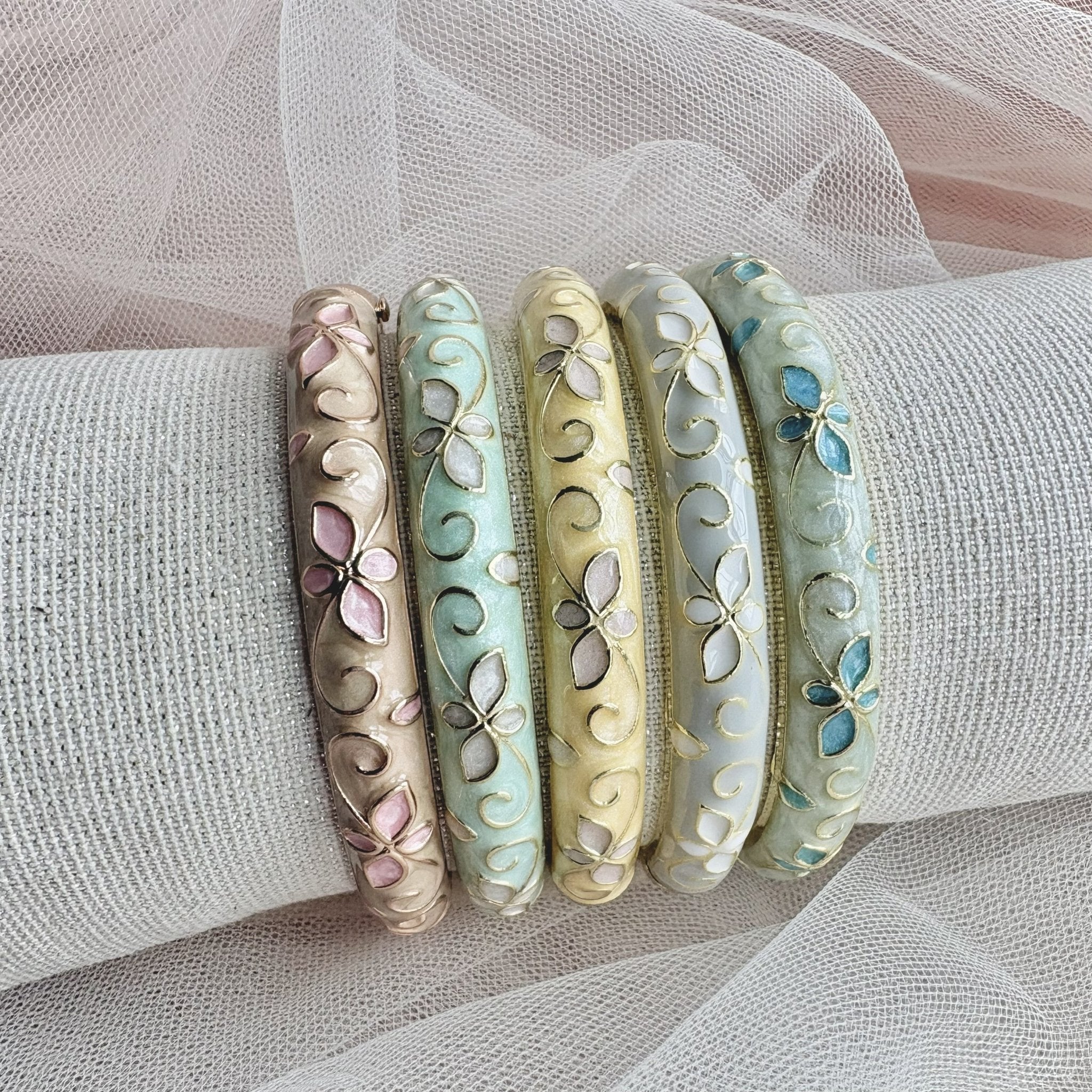 Cloisonné Enamel Pastel Bangles— Faerie Flower Gold Stacking Bracelets - House of Hats