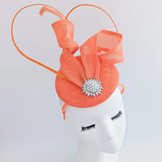Coral orange pearl fascinator hat - House of Hats