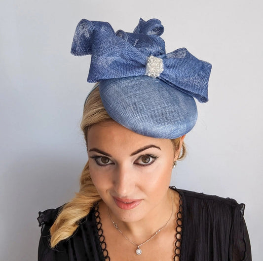 Cornflower blue crystal bow fascinator hat - House of Hats