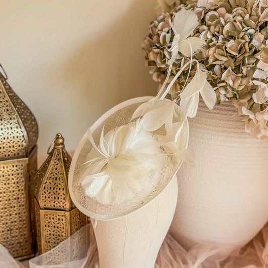 Cream feather fascinator disc hat - House of Hats