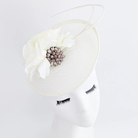 Cream flower disc saucer fascinator hat - House of Hats