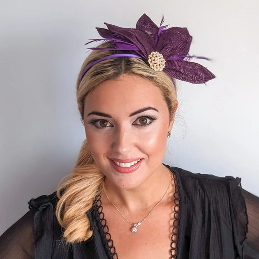 Dark plum purple feather petal fan fascinator hat - House of Hats