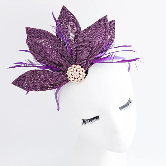 Dark plum purple feather petal fan fascinator hat - House of Hats
