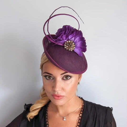 Dark plum purple flower disc saucer fascinator hat - House of Hats