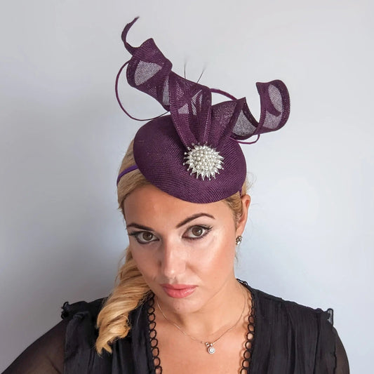 Dark plum purple pearl fascinator hat - House of Hats