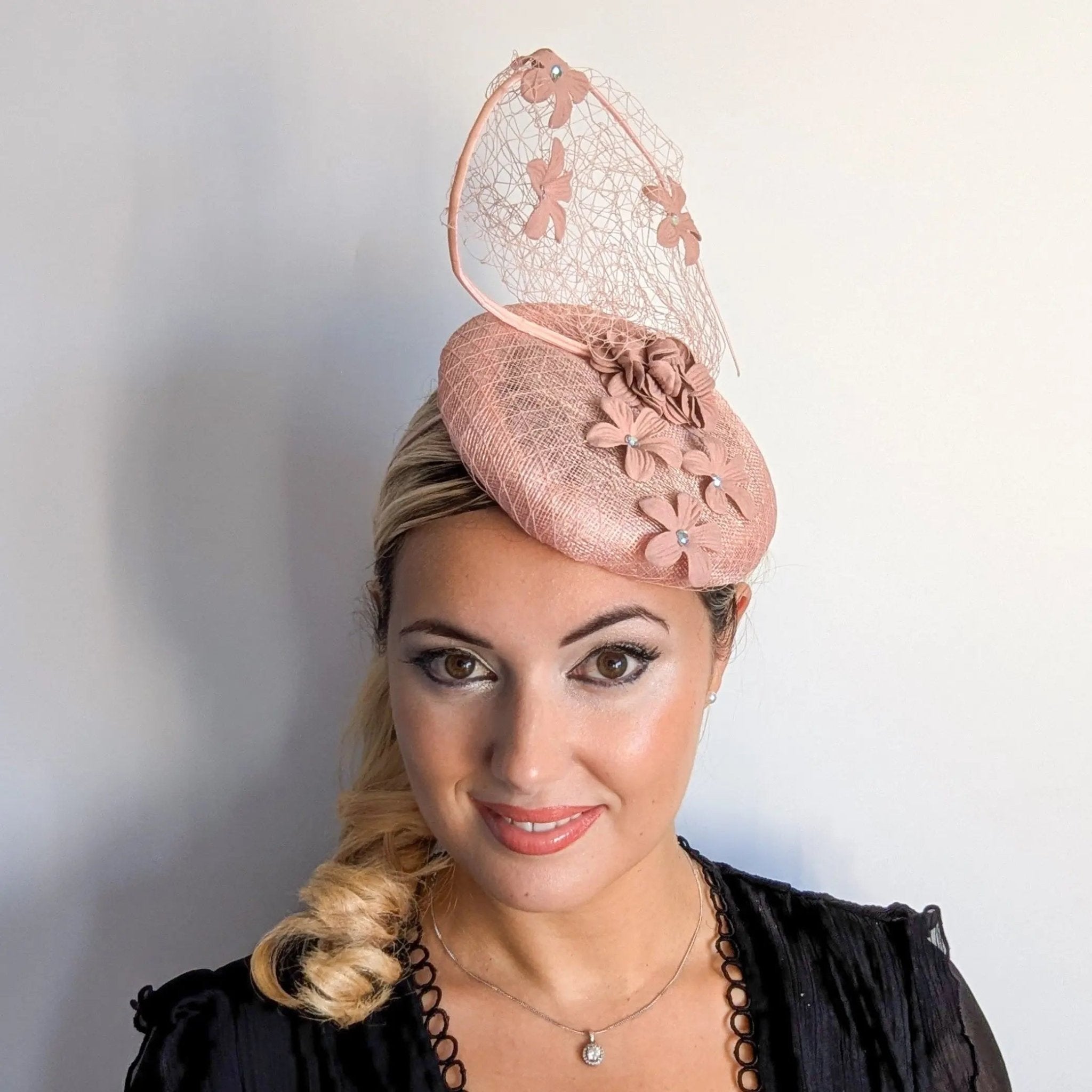 Dusty rose pink flower fascinator hat - House of Hats