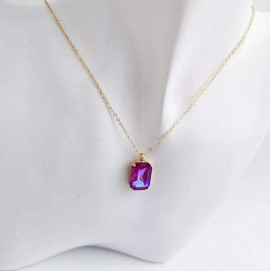 Frosted fuchsia pink crystal gold emerald cut necklace - House of Hats