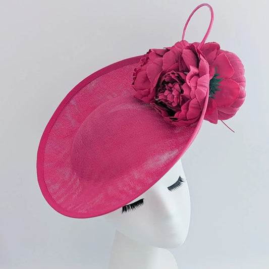 Fuchsia pink large flower saucer disc fascinator hat - House of Hats