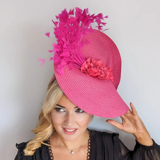 Fuchsia pink large woven straw flower feather fascinator hat - House of Hats