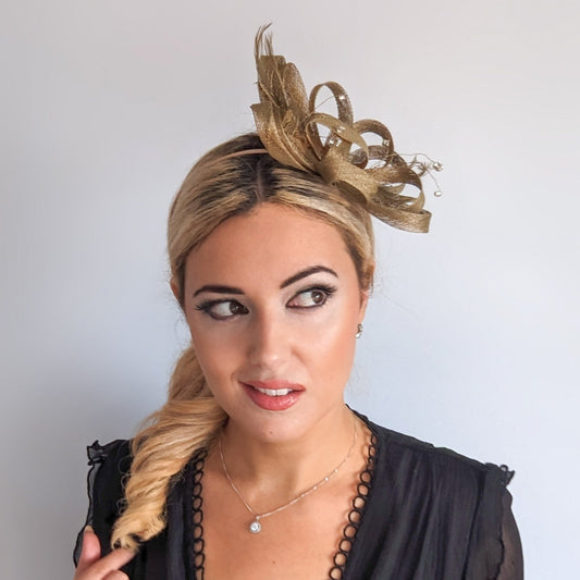 Gold shimmer crystal feather fascinator hat - House of Hats