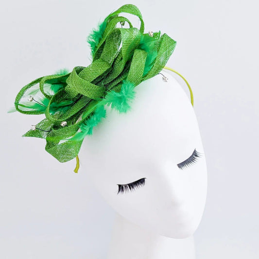 Green crystal feather fascinator hat - House of Hats