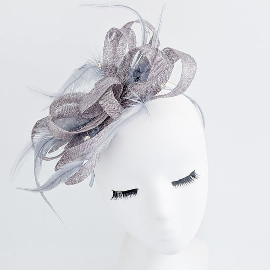 Grey crystal feather fascinator hat - House of Hats