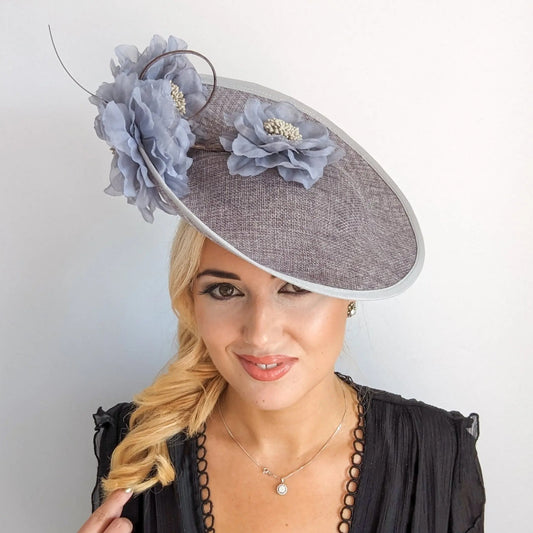 Grey large flower saucer disc fascinator hat - House of Hats