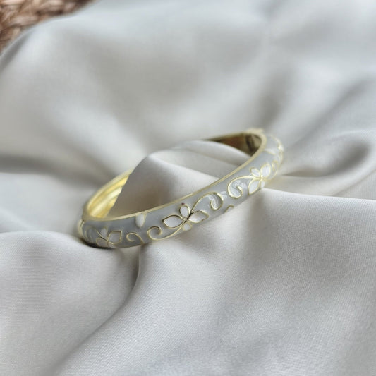 Grey White Bangle — Cloisonné Enamel Faerie Flower Gold - House of Hats