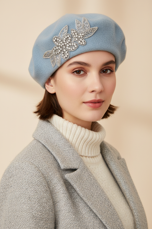 Model wearing a powder blue crystal wool felt French beret hat
