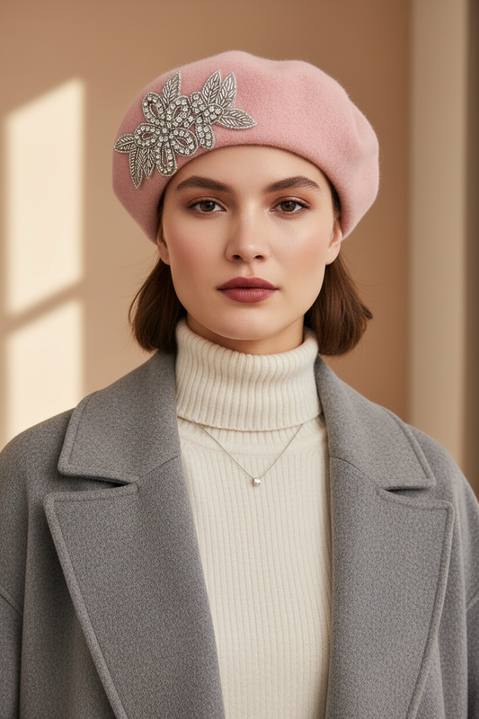 Model wearing a light pink crystal wool felt French beret hat