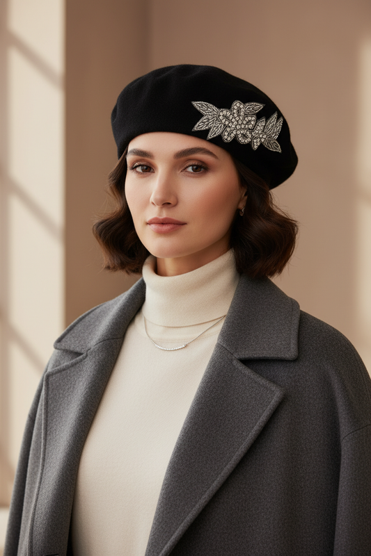 Model wearing a black crystal wool felt French beret hat
