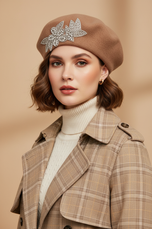 Model wearing a camel brown crystal wool felt French beret hat