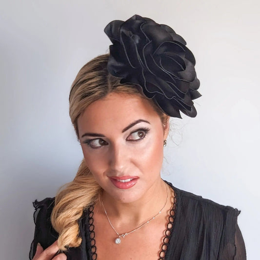 Large black satin rose fascinator hat - House of Hats