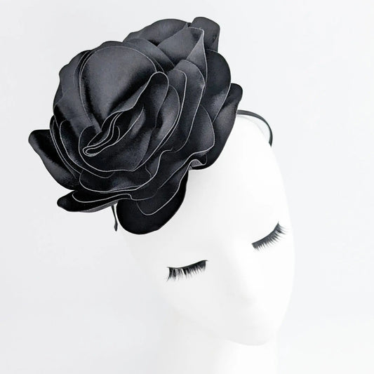 Large black satin rose fascinator hat - House of Hats
